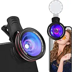 Lente grande angular 0,45X e macro 15X para iPhone com luz LED - Kit de lente de câmera de telefone duplo para fotografia/vlogging, compatível com iPhone 15 Pro Max/14/13/12, Samsung Galaxy