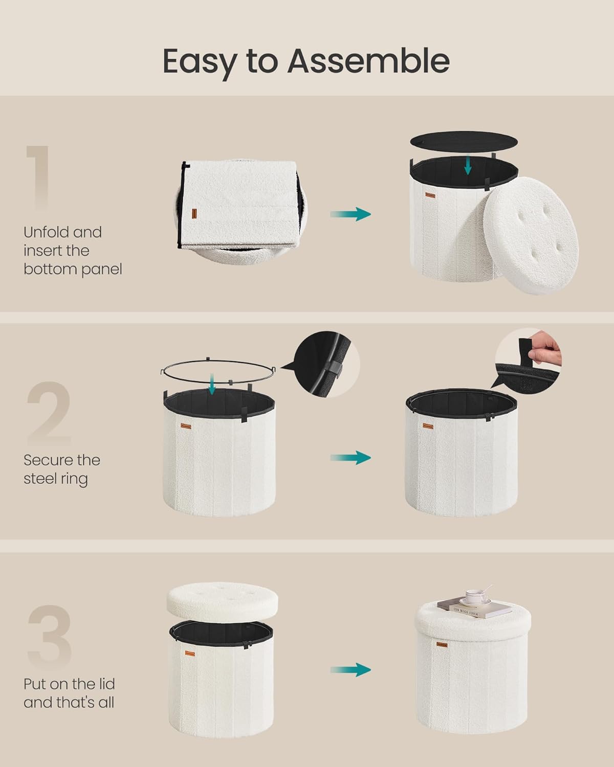 SONGMICS Mazie Collection - Round Storage Ottoman, Folding Footrest Stool with Removable Lid, Easy Assembly, Teddy Fleece Vanity Stool for Bedroom, Living Room, Entryway, Cream White ULSF606W01