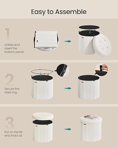 Miniatura 6 de SONGMICS Colección Mazie - Otomana redonda de almacenamiento, taburete reposapiés plegable con tapa extraíble, fácil montaje, taburete de tocador de