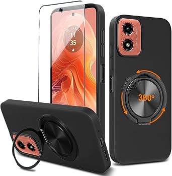 for Motorola Moto G24 / G04 / G04S / E14 4G Phone Case with Tempered Glass Screen Protector 360 Rotatable Ring Holder Kickstand/Stand Silicone TPU Silm Fit Shockproof Protective Cover Case - Black