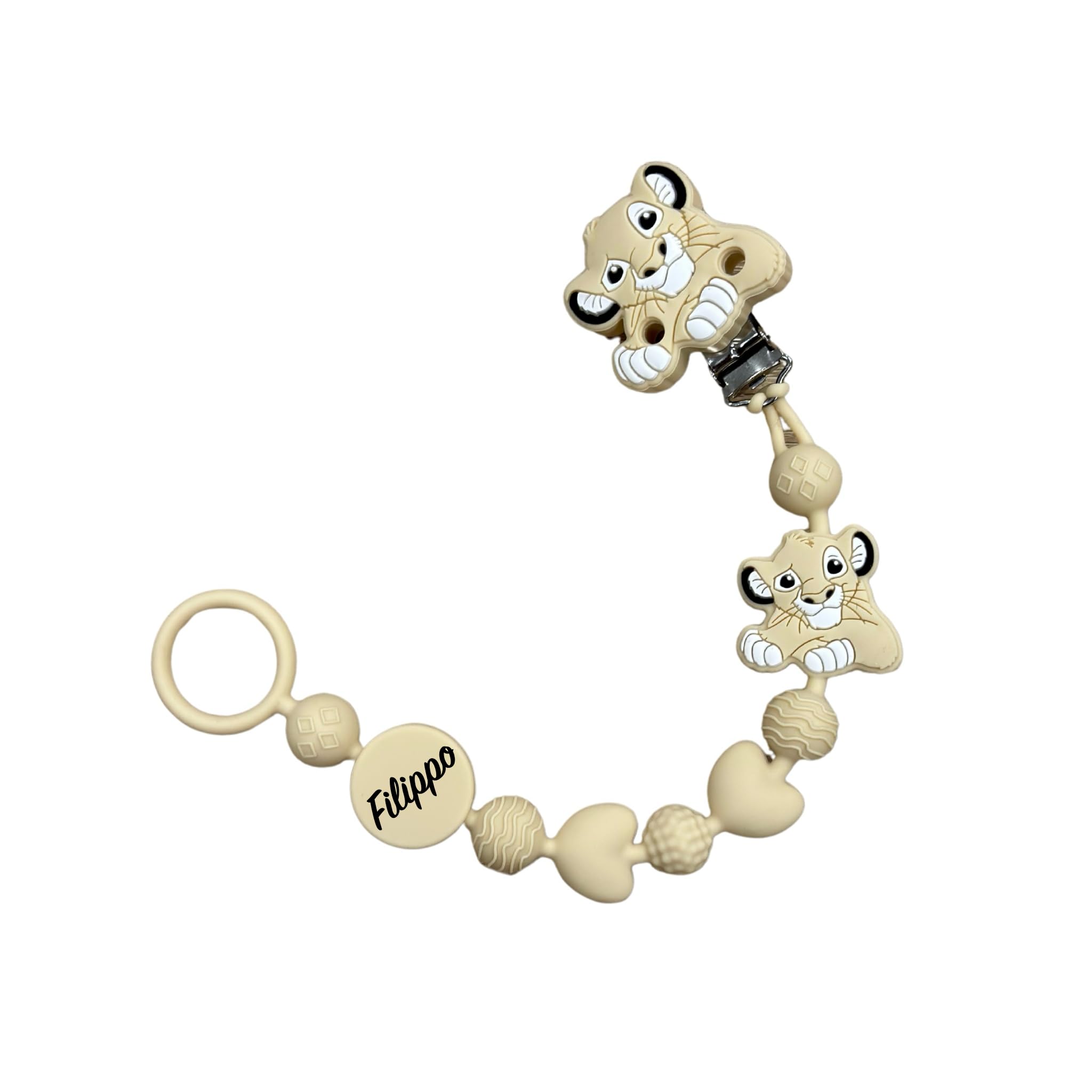 Cadena para chupete de silicona personalizada con nombre – Modelo Bubble Charm – Clip seguro – Idea regalo nacimiento – León