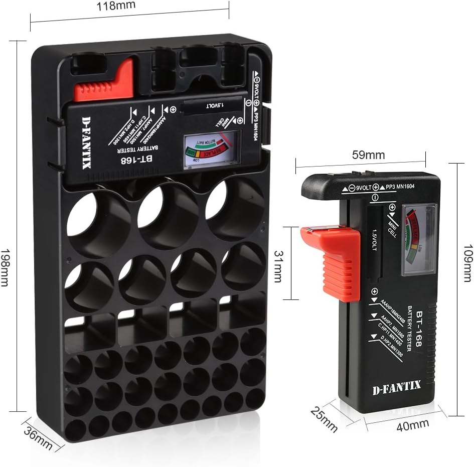 D-FantiX Battery Organizer Storage Case with Tester Universal Battery Holder Storage for AA AAA C D 9V 1.5V Button Cell Batteries