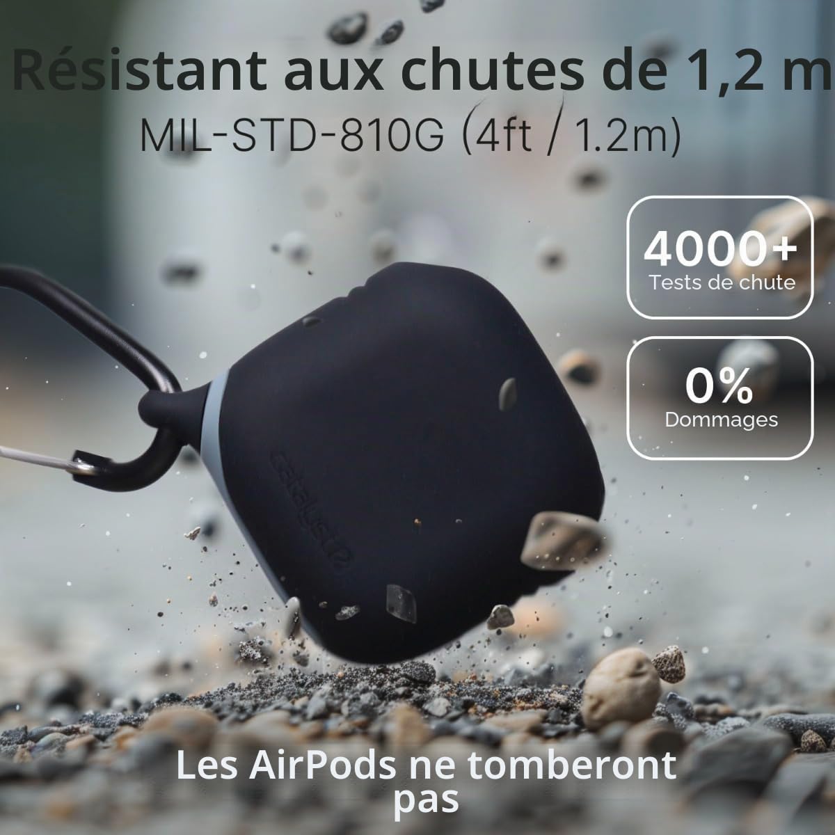 Catalyst Étui Étanche Compatible avec AirPods 4ème Génération - Imperméable, Résistant aux Chocs, aux Rayures et aux Chutes, avec Mousqueton - Noir