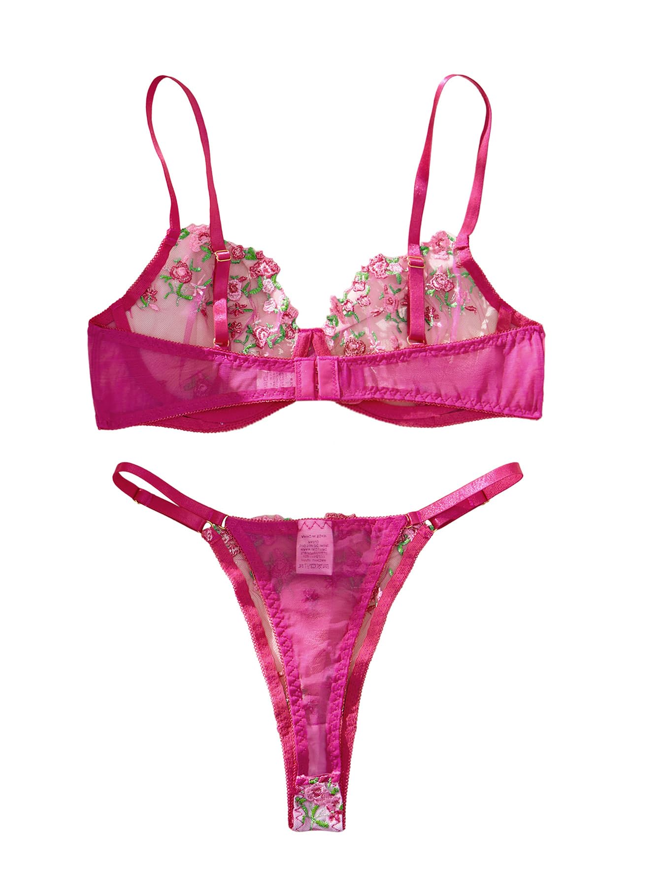 Lilosy Sexy Satin Mesh Floral Sheer Embroidered Underwire Lingerie Set 2 Piece Women: Satin Medium Design Hot Pink