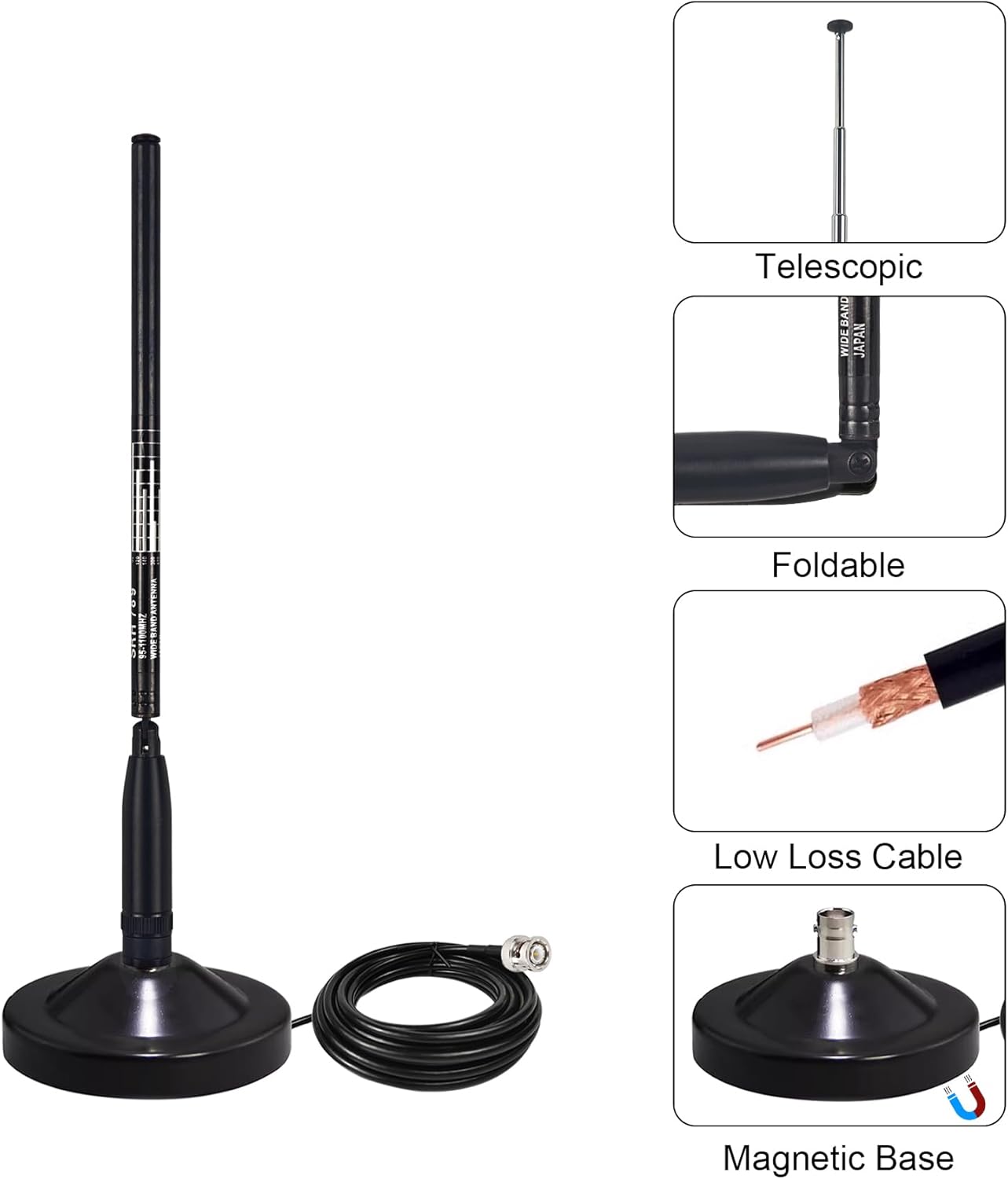 Scanner Antenna Set Wide Band 95MHz-1100MHz Foldable Telescopic Antenna w/Magnetic Base for 2m 70cm VHF UHF GMRS Walkie-Talkie Two-Way Radios Amateur Radio RTL-SDR Software Defined Radios
