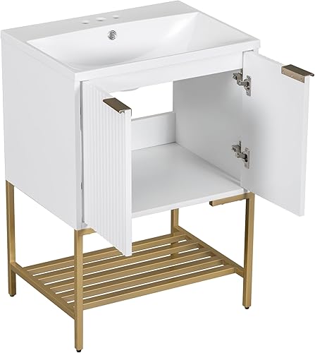 Miniatura 9 de Tocador de baño independiente de 24 pulgadas con fregadero, tocador de baño de pie de 24 pulgadas, tocador moderno con 2 puertas y parte superior de