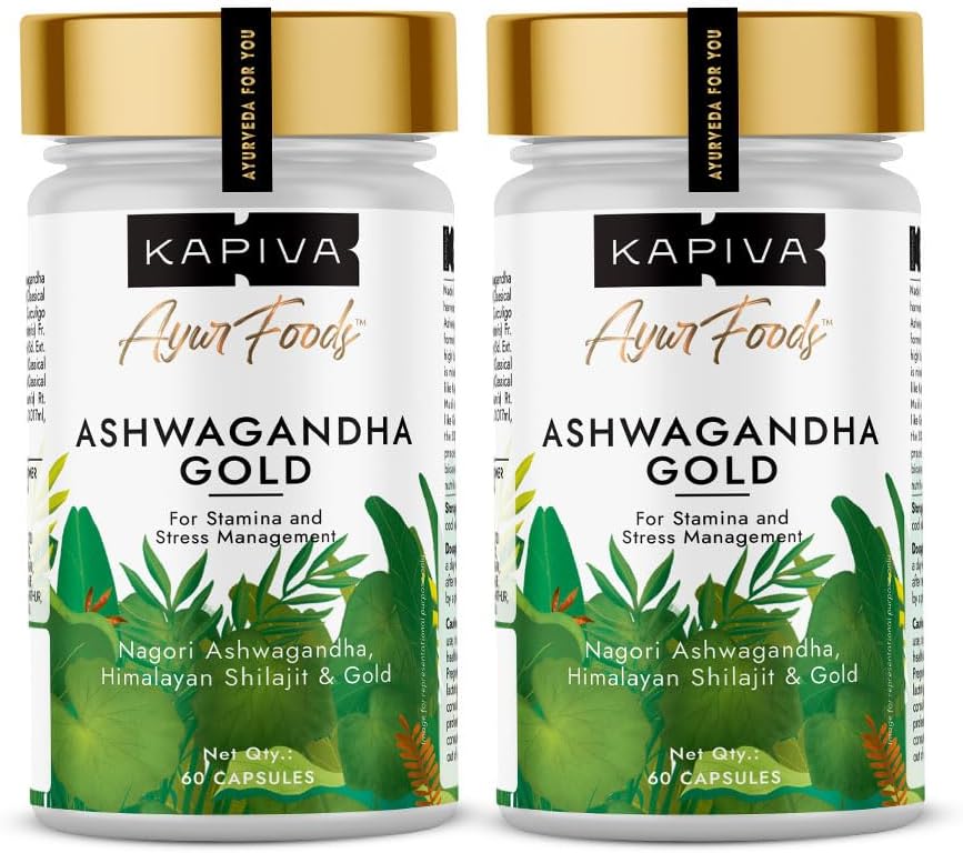 Ashwagandha Gold Capsules, 183rd day harvested Potent Nagori Ashwagandha With Gold, Shilajit | Helps in Stress Management, Improve Energy and Stamina | For Men & Women (60 Capsules) - Pack of 2