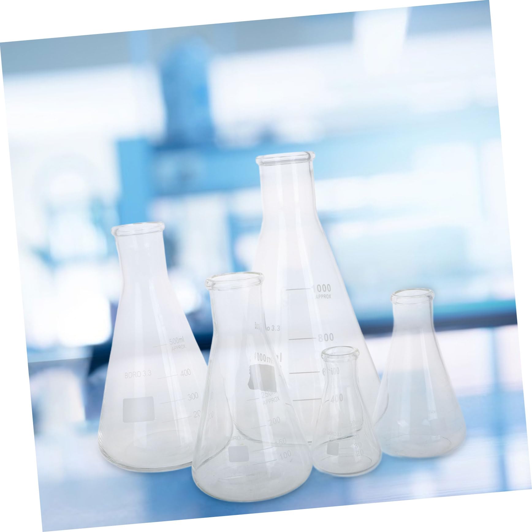 TOPBATHY Set 5 Beute Erlenmeyer in Vetro Borosilicato Resistente al Calore, Capacità 50 Ml-1, Palloni Conici Stabili per Applicazioni Chimiche e Laboratorio Scientifico