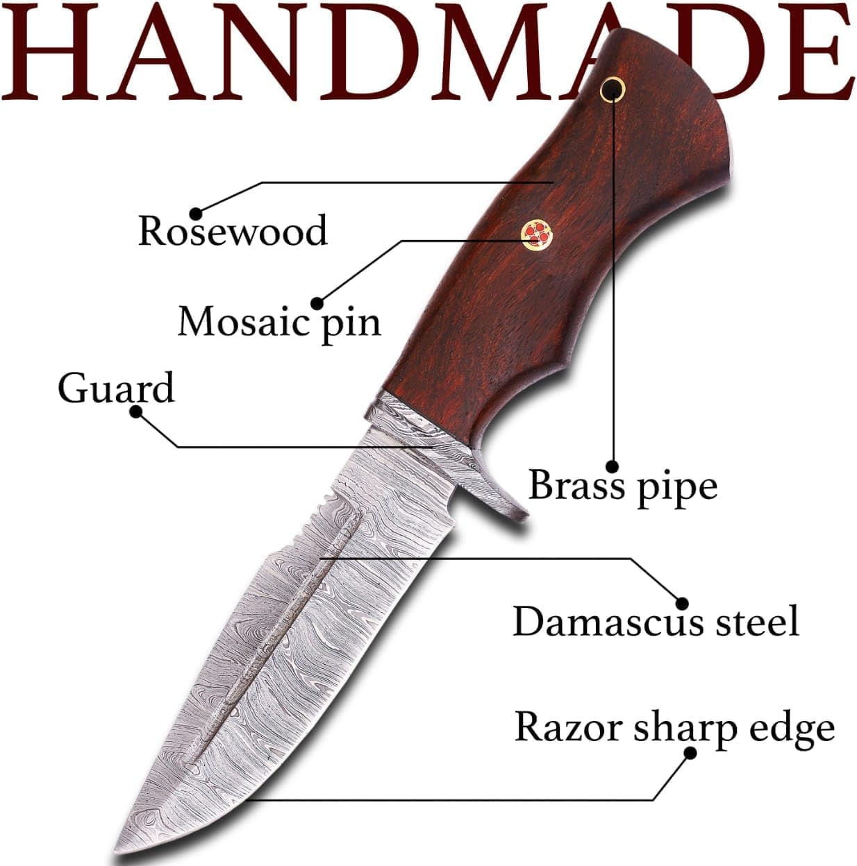 Handmade Damascus Hunting Knife | Bush craft Knife with Sheath Fixed Blade | Camping knife with Wood Handle, Brown