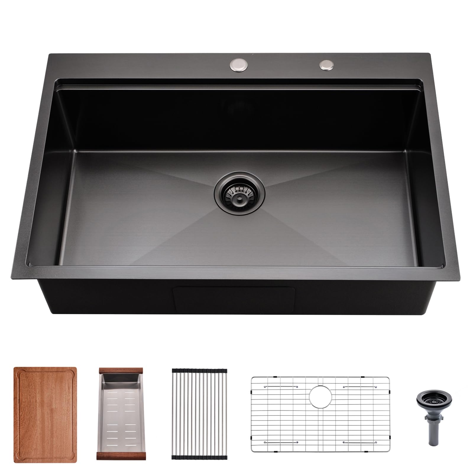 33 Inch Gunmetal Black Drop In Kitchen Sink Workstation - HACHENL 33x22 Inch Single Bowl Topmount Sink 16 Gauge Stainless Steel 10'' Deep Handmade Kitchen Sink with Cutting Board& Strainer