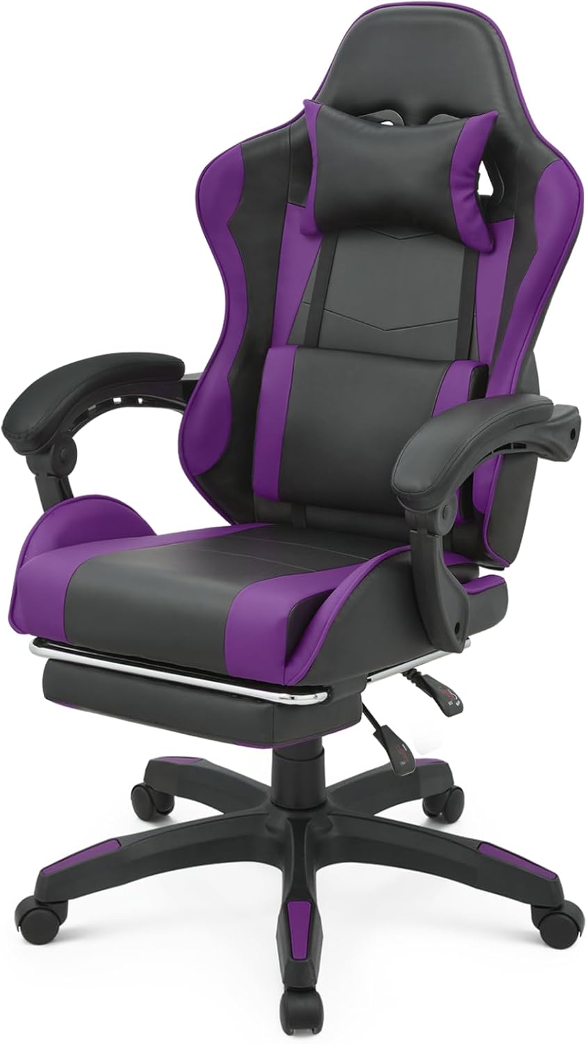 Athena Collection Ergonomic Gaming Chair with Footrest & Headrest Lumbar Support, Height Adjustable Swivel Office Chair Leather High Back Computer Desk Chair Reclining Chair for Adults Kids, Purple