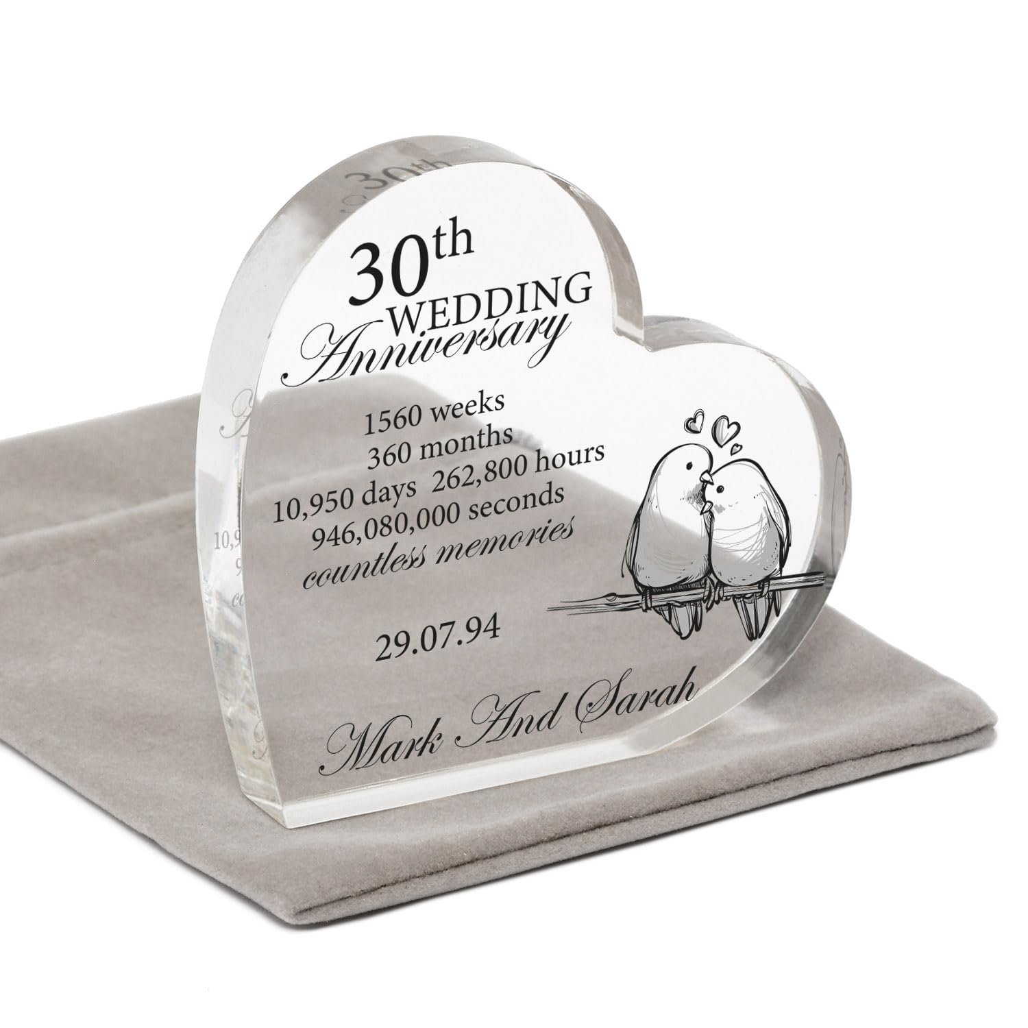 Beecreative Personalised 30th Wedding Anniversary Gift For Him Her Parents Husband Wife - Pearl Anniversary Gift For Couples - 30 Years Married Gift - Heart Shape Keepsake With Grey Bag