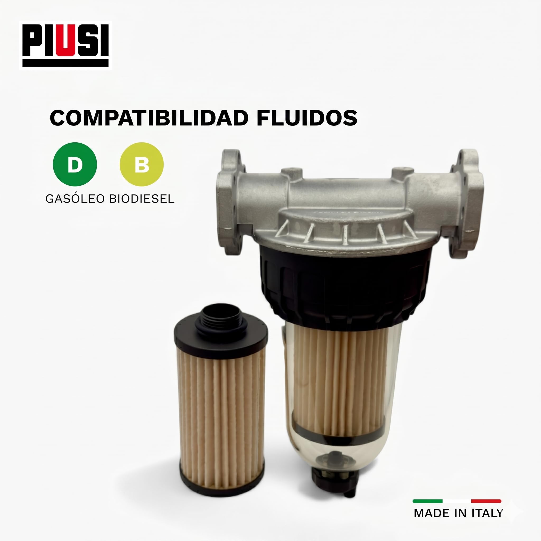 Filtro PIUSI para Diésel, Gasolina y Aceite, Kit Completo con Soporte de Cabeza + 2x Cartuchos, Caudal 70 l/min, Presión 5 bar, Filtración Absorbente de Agua de 30 micrones | Clear Captor F00611B10