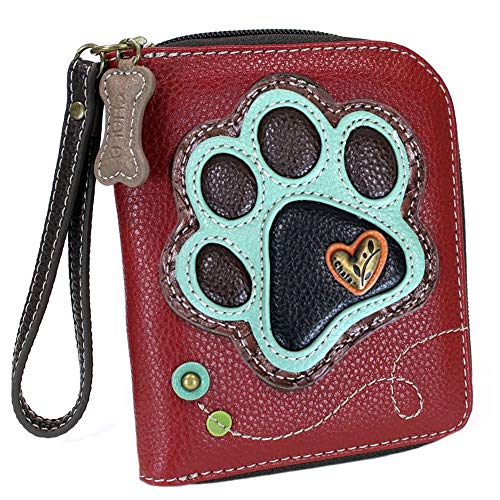 Chala Paw Print Zip-Around Wristlet Wallet, Dog Mom Gift Dog Lover (Burguny/Teal)