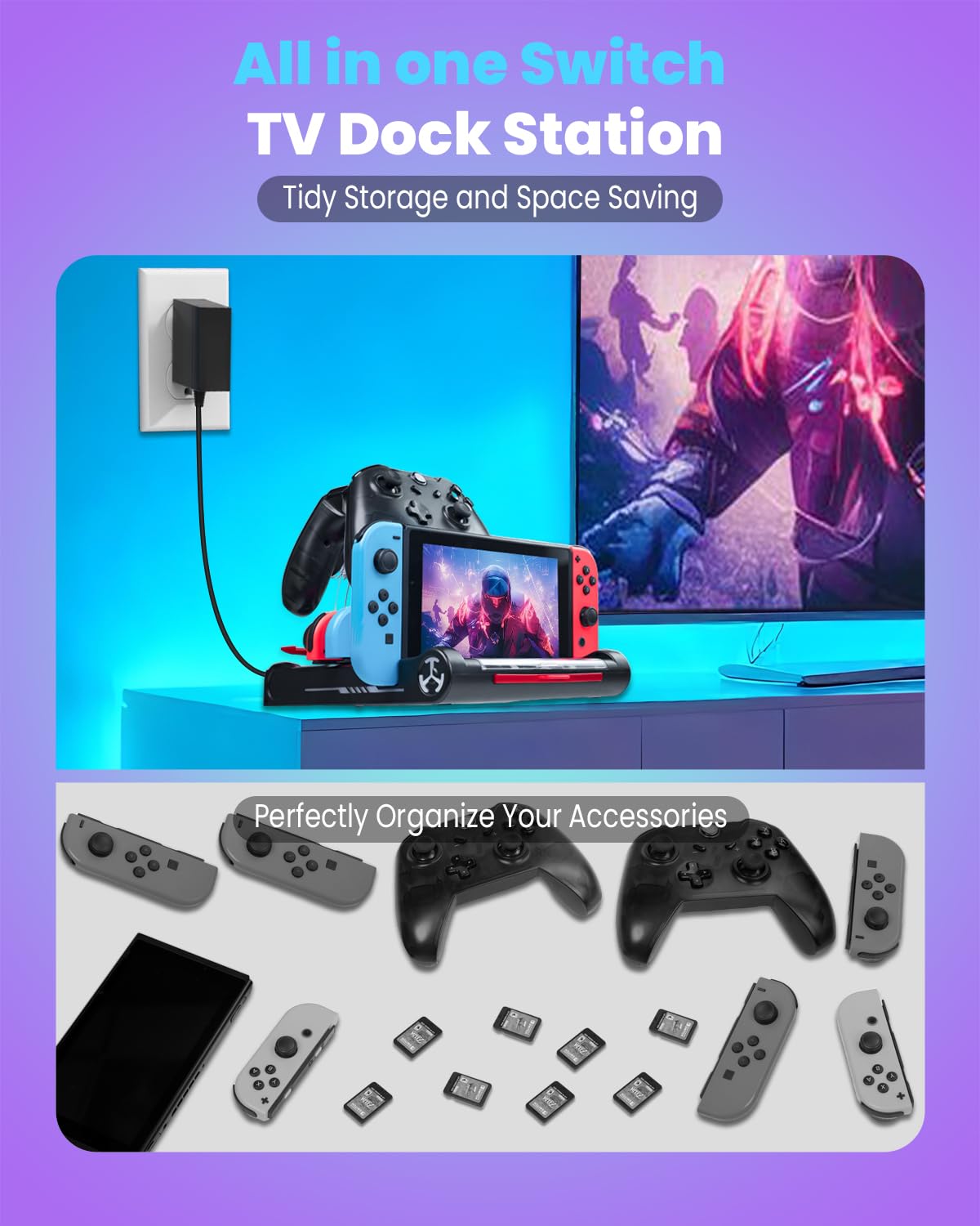 Station d'accueil TV compatible avec interrupteur/commutateur OLED, avec chargeur de contrôleur Joy-Con, lumière RVB et 3 ports USB, prise en charge HDMI 4K/1080P, 8 emplacements pour cartes