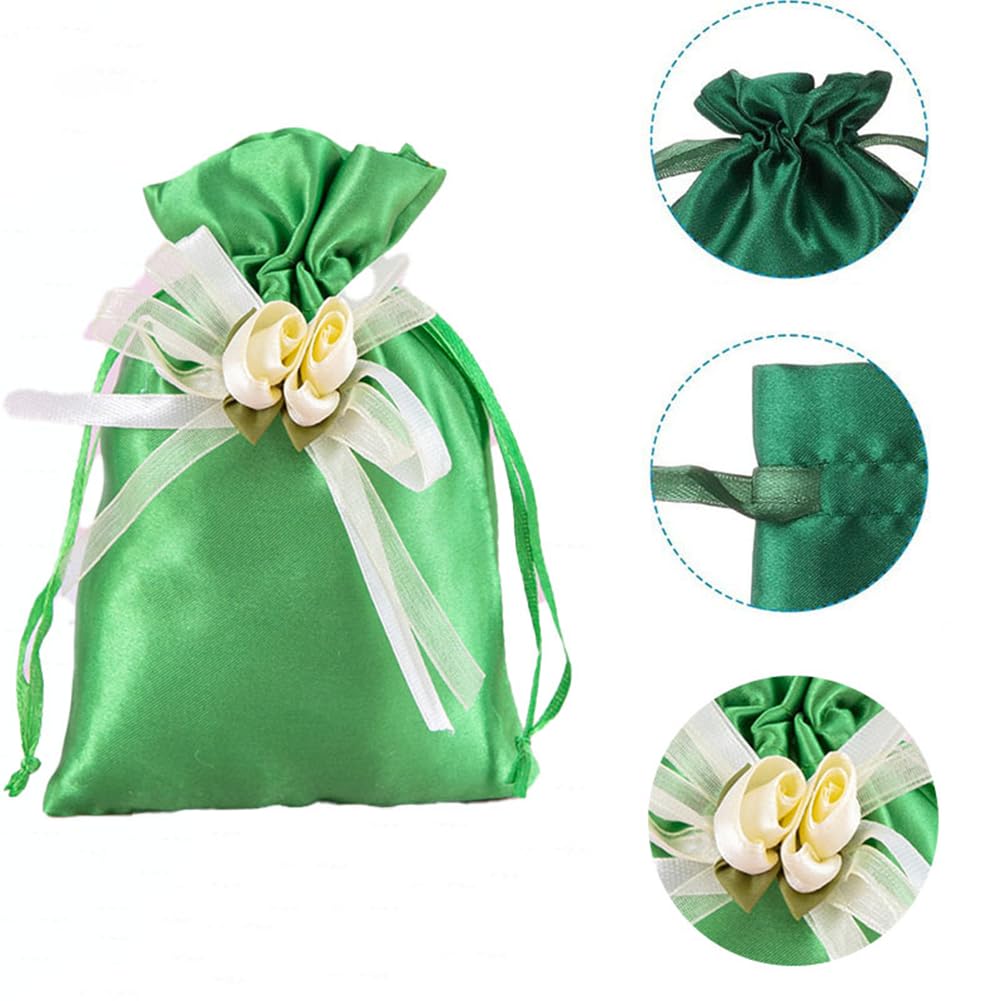 50pcs 13×18cm Geschenktüten mit Kordelzug und Blumen, Satin Schmuckbeutel Geschenkbeutel Aufbewahrungsbeutel für Hochzeit Babydusche Weihnachten Party Schmuck Süßigkeiten Weiß