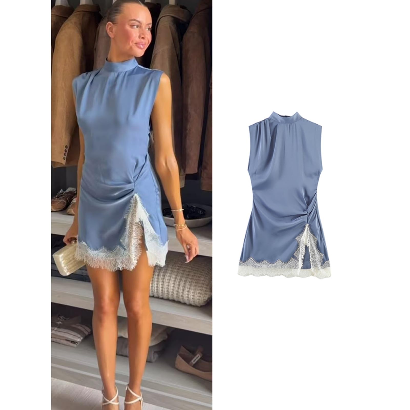 Vestito Donna Elegante Pizzo Mini Abito Senza Maniche Split Estivo Slim Fit Festa Sera Abbigliamento da Strada Outfit-1-xs