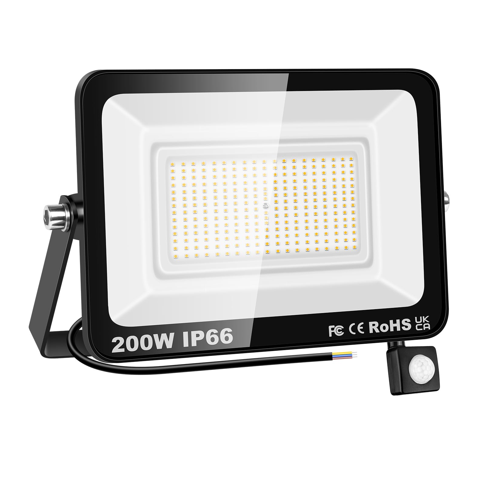 PICAA LED Security Lights with Motion Sensor 200W PIR Sensor Warm White LED Flood Lights Outdoor IP66 Waterproof Floodlight Wall Light for Garage Garden Forecourt Hallway