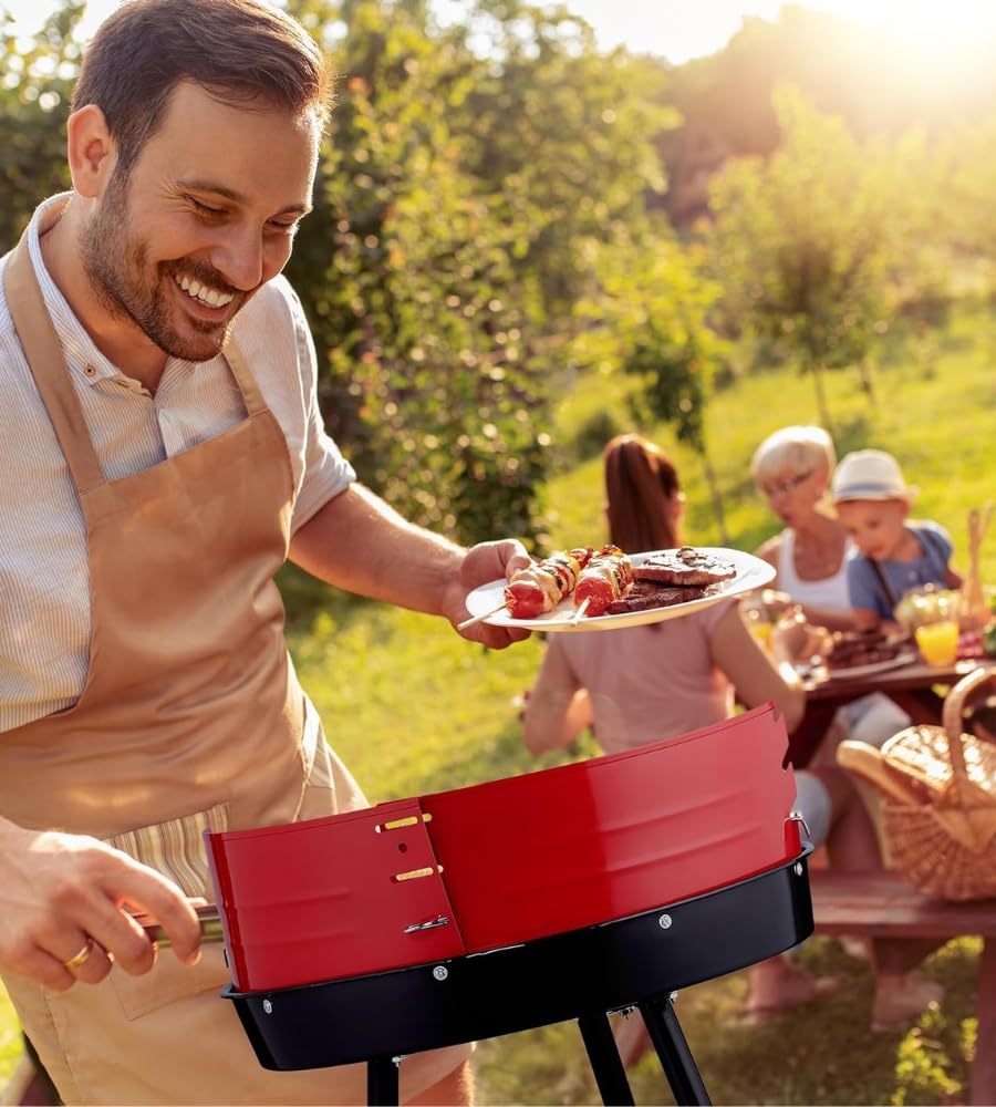 Barbecue Tondo con Ruote e Griglia 50 cm Removibile, Regolabile 59x82x52cm - 4 Posizioni di Cottura Ideale per Fare Carne, Pesce e Altri Alimenti alla Brace, Struttura in Metallo Resistente