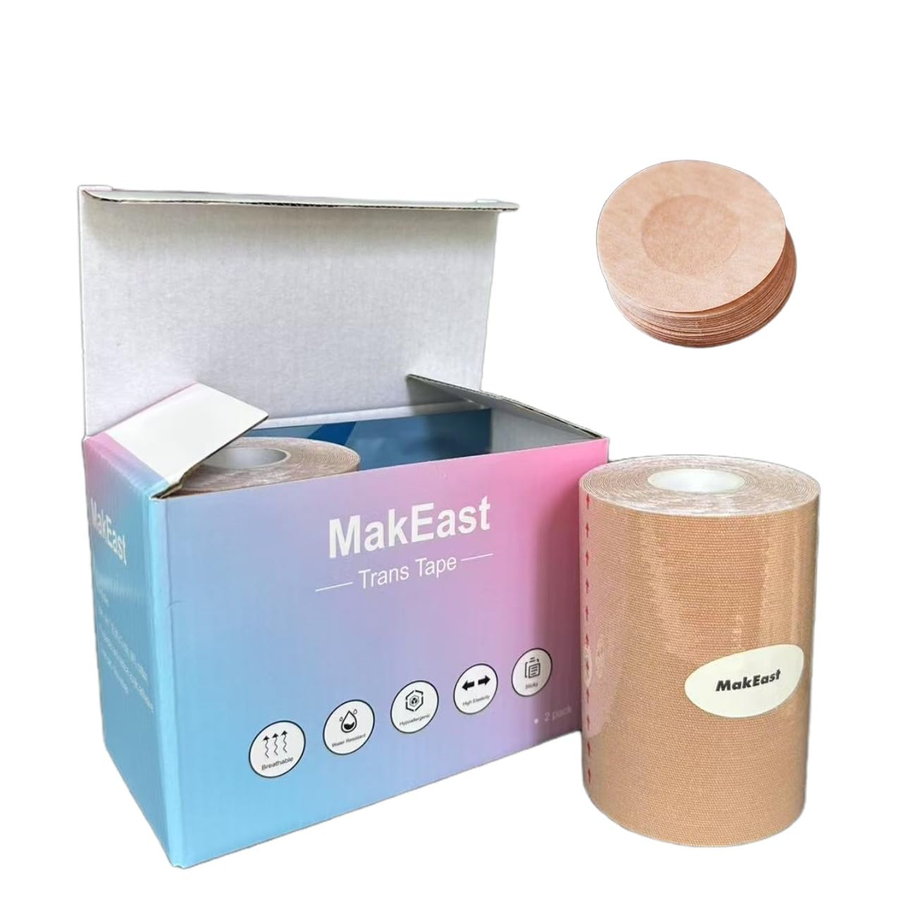 MakEast 2 Rolls Trans Tape for Transitioning Extra Wide Chest Binding Tape Latex Free FTM Chest Binder with Nipple Covers Ultra Sticky Waterproof & Flexible 4 in X 16.5 ft (): Espresso