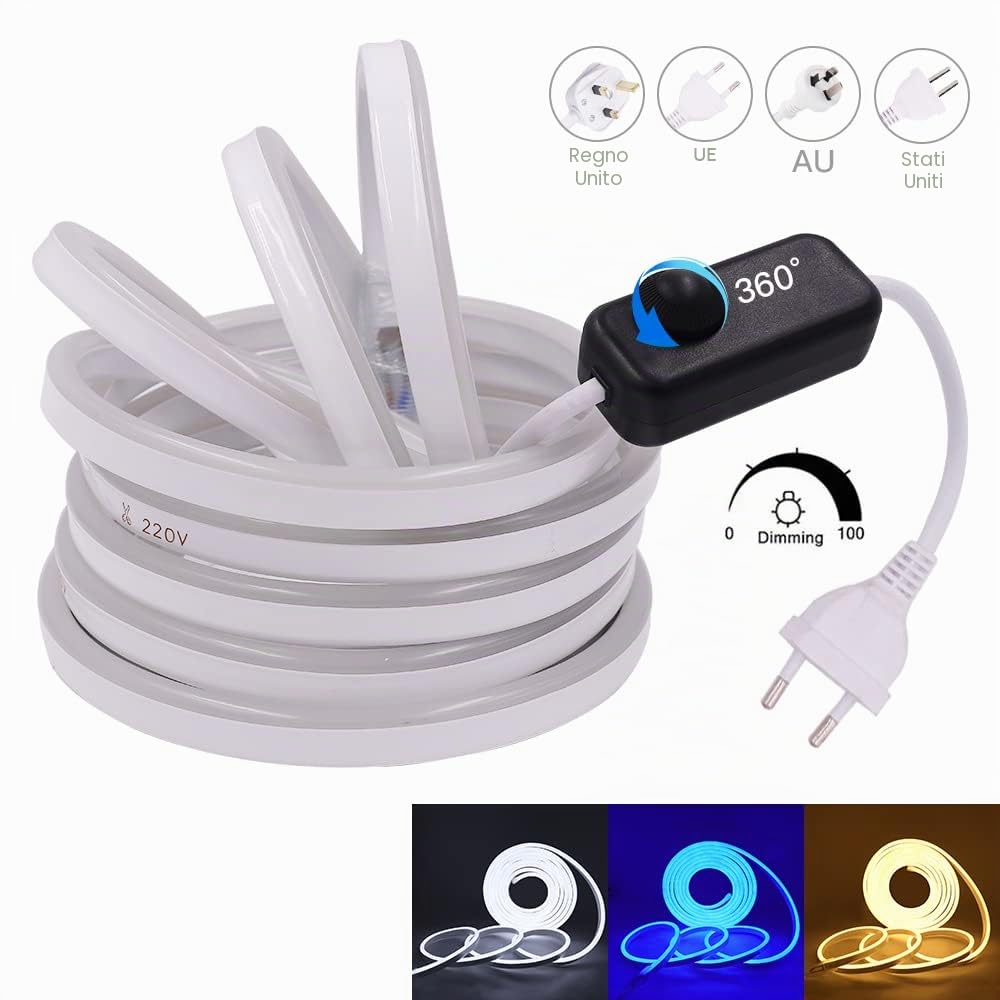 Striscia LED Neon 2835 Tubo LED Flessibile Impermeabile Luminosa 220V IP65 120 LED/M Corda Stringa Lampada con Alimentatore di rete e Dimmerazione manuale Controller,per Camera da Letto (8m, Blu)