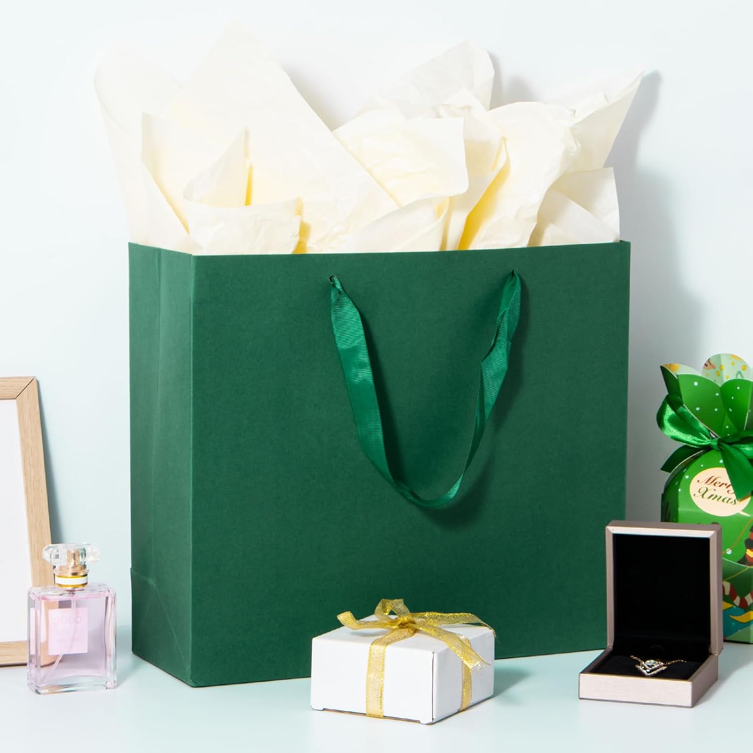 Dasofine 20 Pcs Dark Green Gift Bags, Large Gift Bags 12.5" x 4.5" x 11", Thick Kraft Paper Favor Bags, Gift Bags with Handles for Party, Wedding, Baby Shower
