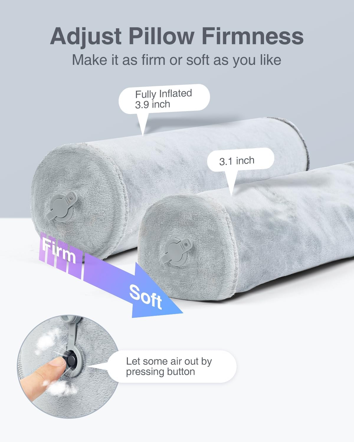 Luxtude Inflatable Neck Roll Pillow for Sleeping, Travel Cervical Pillow for Neck Pain Relief, Cylinder Support Pillows Round Bolster Pillows for Bed, Lumbar Roll, Legs, Back and Yoga (Grey-3.9in) - Image 3