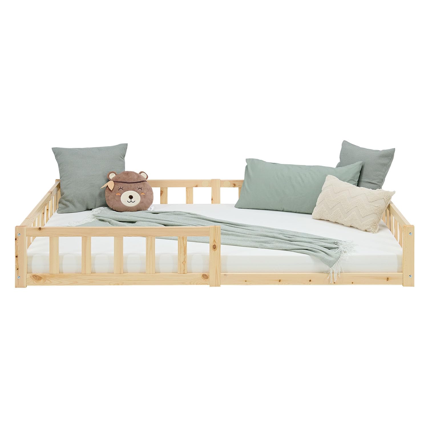 Homestyle4u Lit de sol, 120 x 200 cm, naturel, Montessori en bois, pour enfant, avec protection anti-chute, sommier à lattes