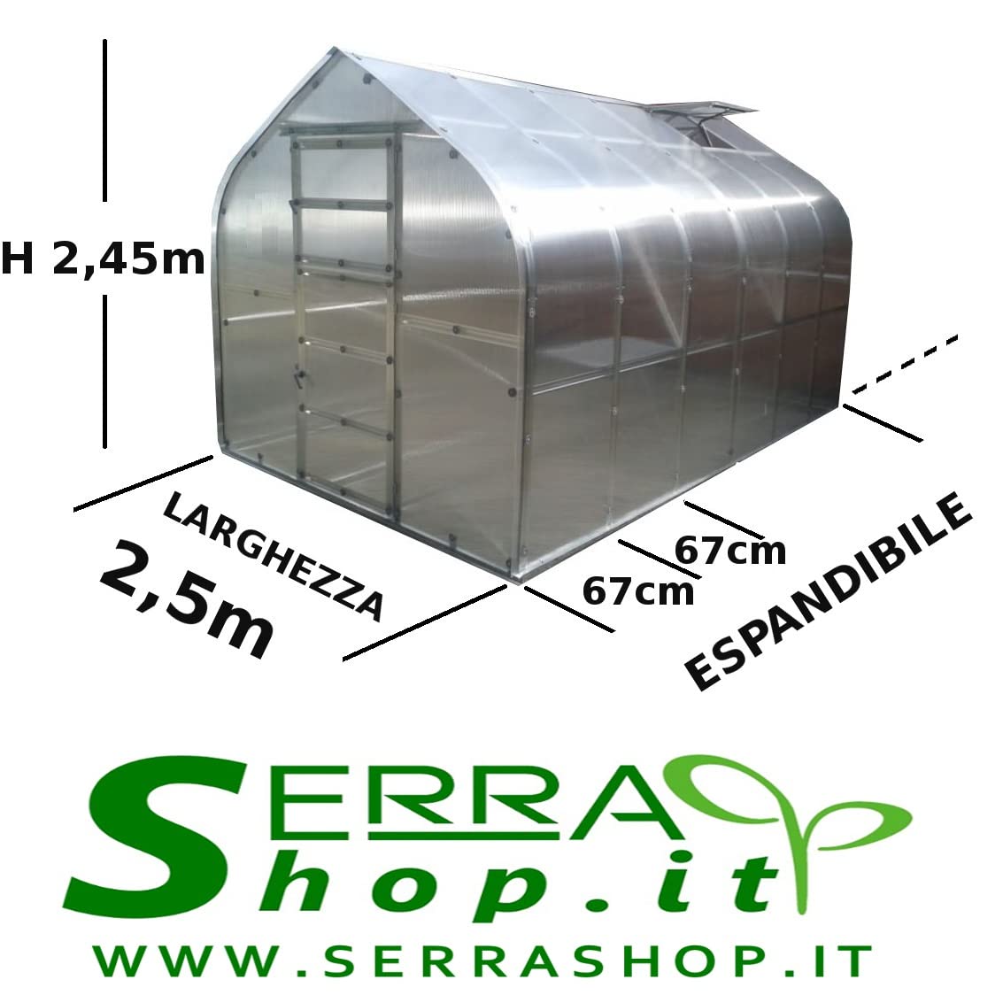 Serra Geo con copertura in policarbonato alveolare da 6mm a casetta per coltivazione orto piante giardino (Acciaio, 2,5x8m - 6mm)