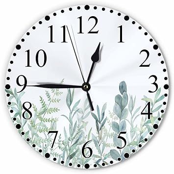 Green Leaf Wall Clock Botanical Leaves Watercolor Floral Clock 10 Inch Silent Non-Ticking Clocks Battery Operated for Home Living Laundry Room Kitchen Bedroom Office