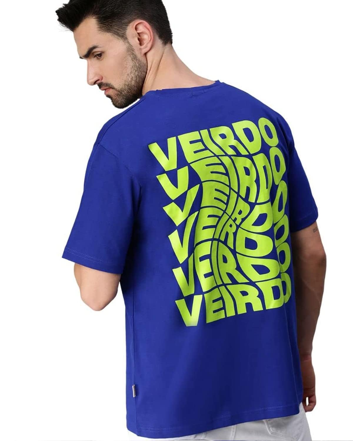 Veirdo® Royal Blue & Black Oversized Loose & Baggy Fit Pure Cotton Neon Color Graphic Typography Print Round Neck T-Shirt ...