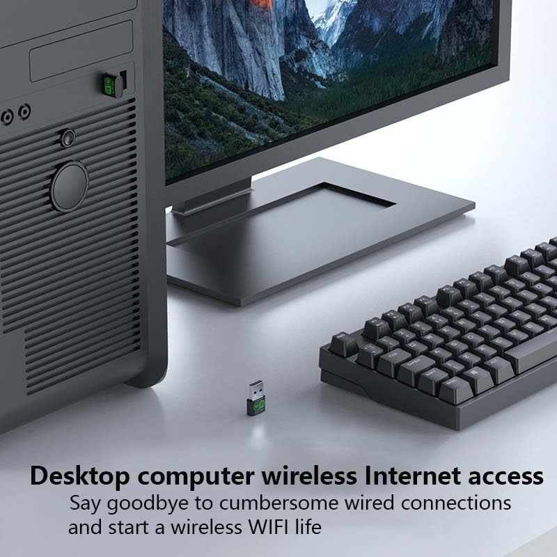 Desktop computer setup with the USB WiFi adapter plugged in, showing wireless internet access