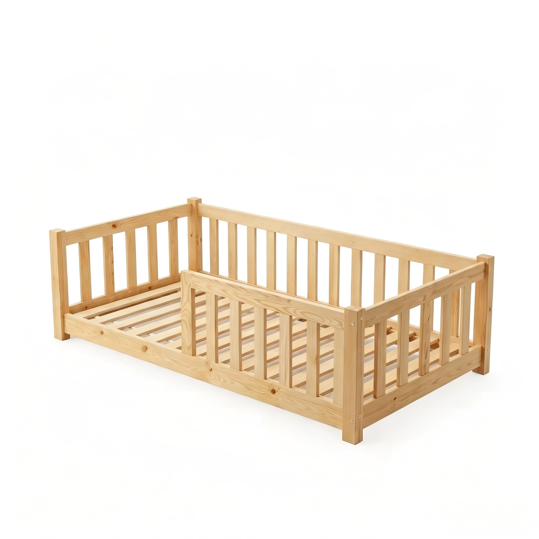 FurnitureHMD Childrens Bed with Slat Support & Enclosure Guardrails, Solid Pine Wood Construction, Safe Toddler Bed Frame for Bedroom,80x160cm (natural)