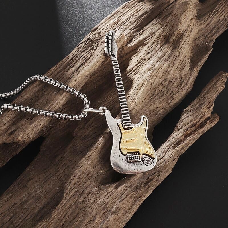 Electric Guitar Pendant Necklace, Silver Chain, Stainless Steel Musical Instrument Charm - Image 2