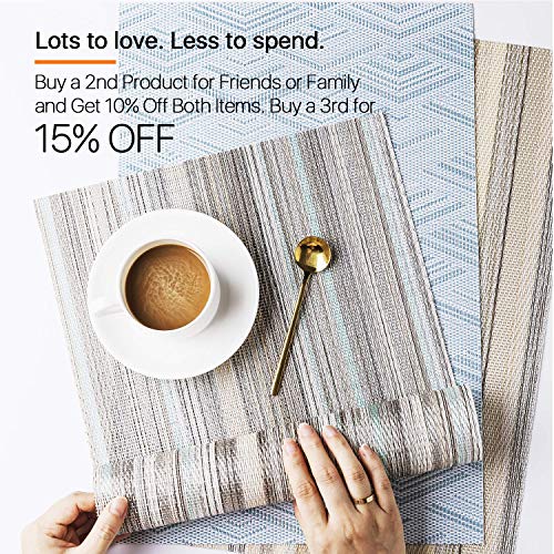 Placemats, Placemats for Dining Table Set of 8 Waterproof, Woven Place Mats for Kitchen Table Vinyl Heat Insulation Stain Resistant Placemats (Set of 8, Blue Stripes)