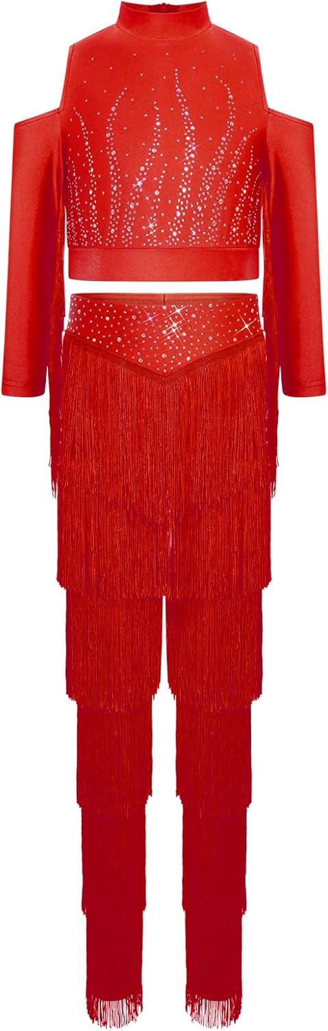 JanJean Girls Sparkle Latin Dance Clothes Set Fringe Long Sleeve Belly Top with Tassel Pants Cha Cha Outfit for Performance