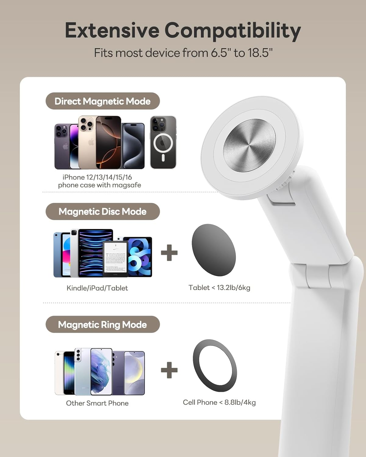 SAIJI Kindle Pillow Stand - Magnetic iPad Stand Compatible with Kindle, Tablet, iPad, iPhone, 360° Tablet Holder for Bed with Ergonomic Pillow and Dual-Jointed Arm, 2 Free Magnetic Sheets (Gray) - Image 5