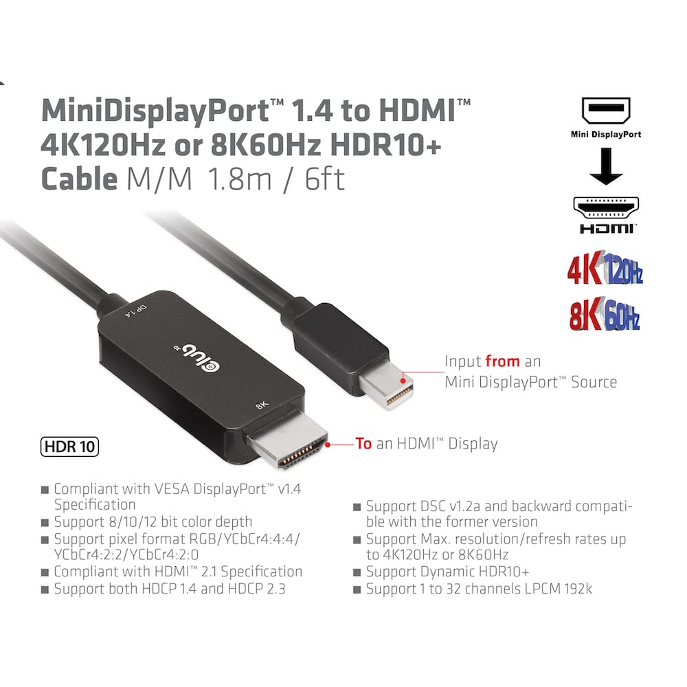 Club 3D CAC-1187 MiniDisplayPort ™ 1.4 na HDMI™ 4K120Hz lub 8K60Hz HDR10+ kabel 1,8 m szt./szt.