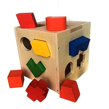 CrazyCrafts Wooden 15 Holes Square Box with Different Shapes and Blocks Sorter Puzzle Multicolored for Boys and Girls