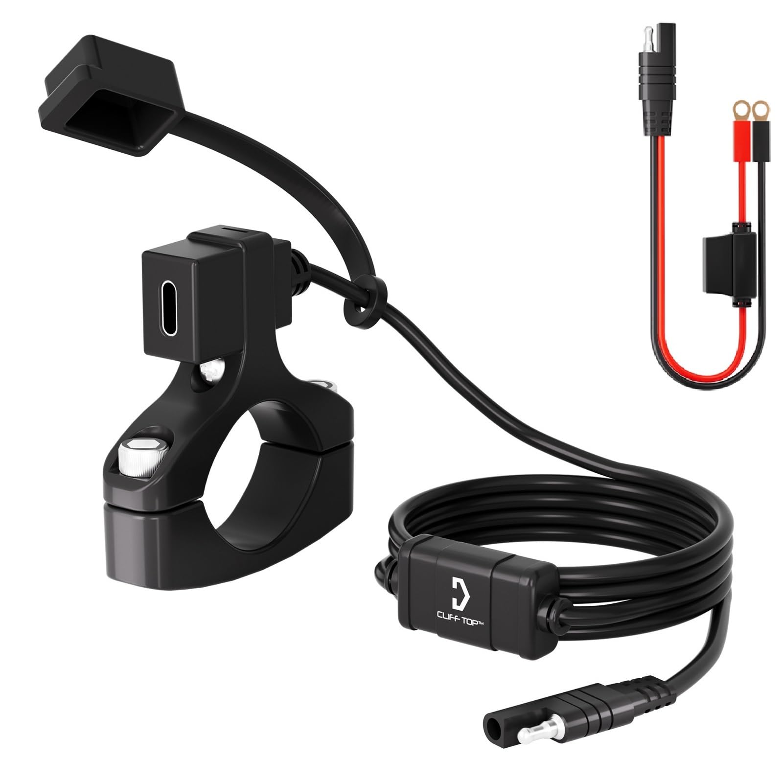 Cliff Top Gniazdo USB 12 V, motocyklowe, USB, 18 W, PD, USB-C, szybkie ładowanie, SAE na USB-C, adapter 12 V na USB, akcesoria motocyklowe, port ładowarki akumulatora motocyklowego, z uchwytem na