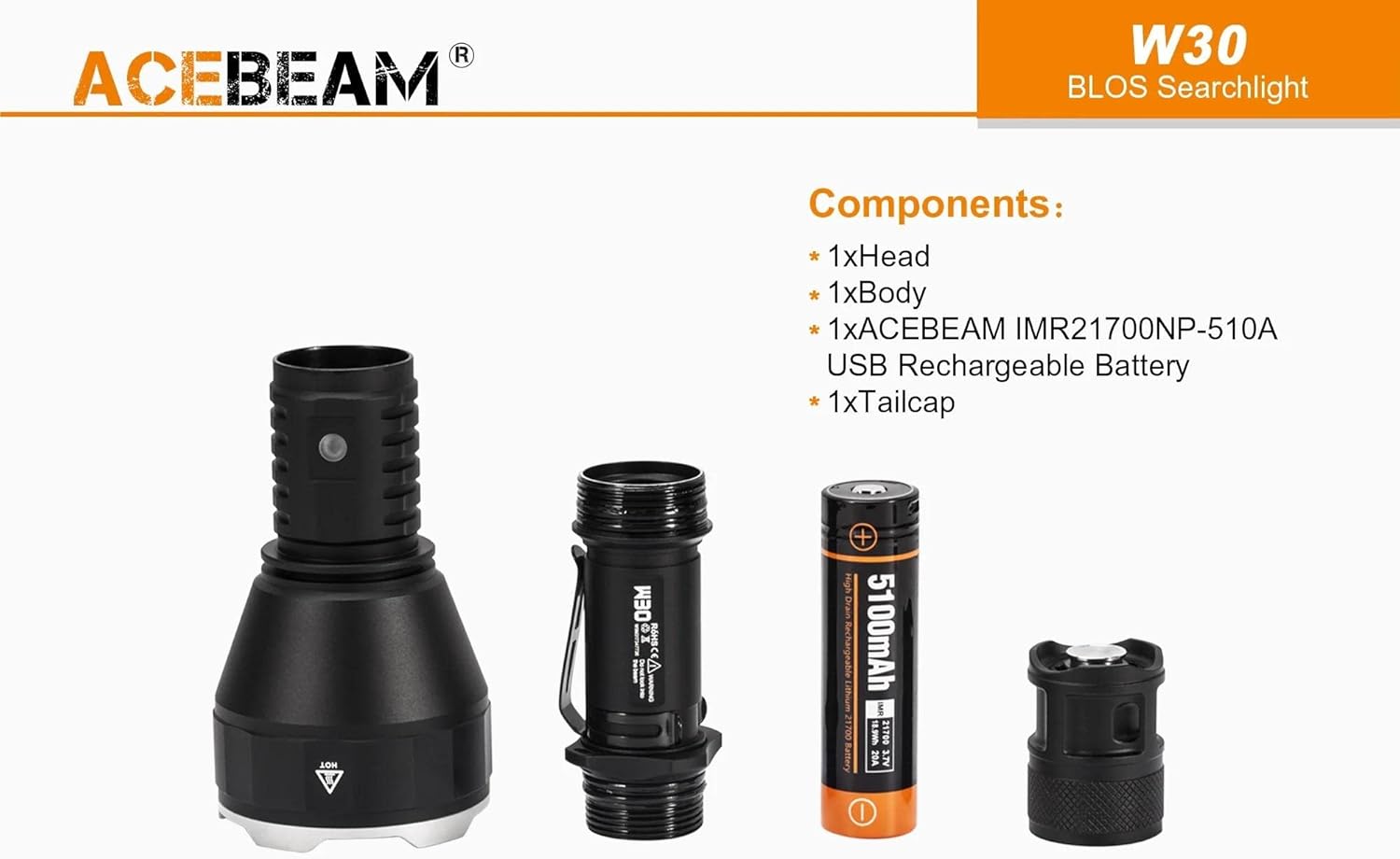 Acebeam W30 Flashlight Components
