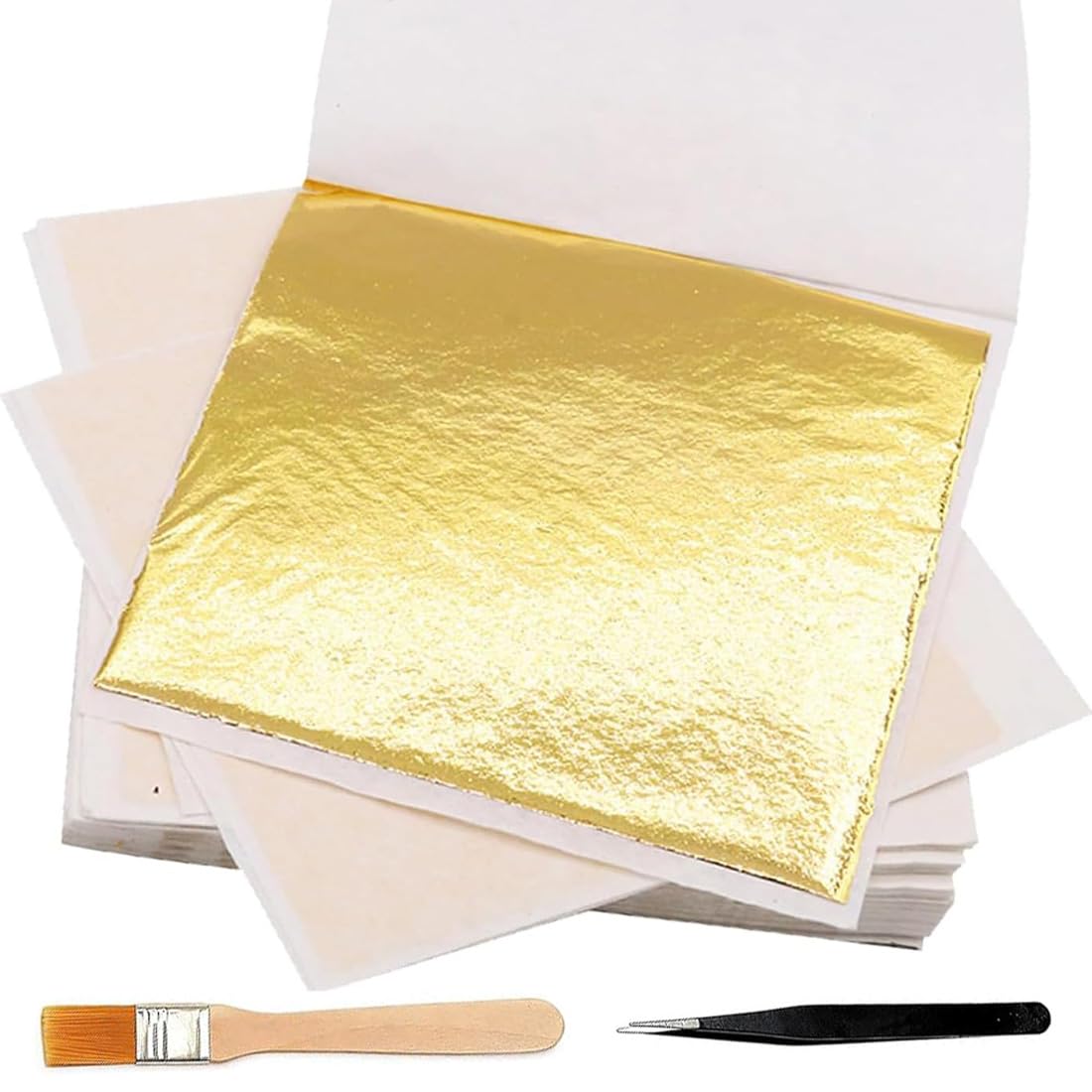 150 Hojas Oro Comestible 8X8.5Cm, Para Decoración Pasteles/Manualidades/Pintura, Incl. Pinzas + Pincel, Imitación Oro 24 Quilates