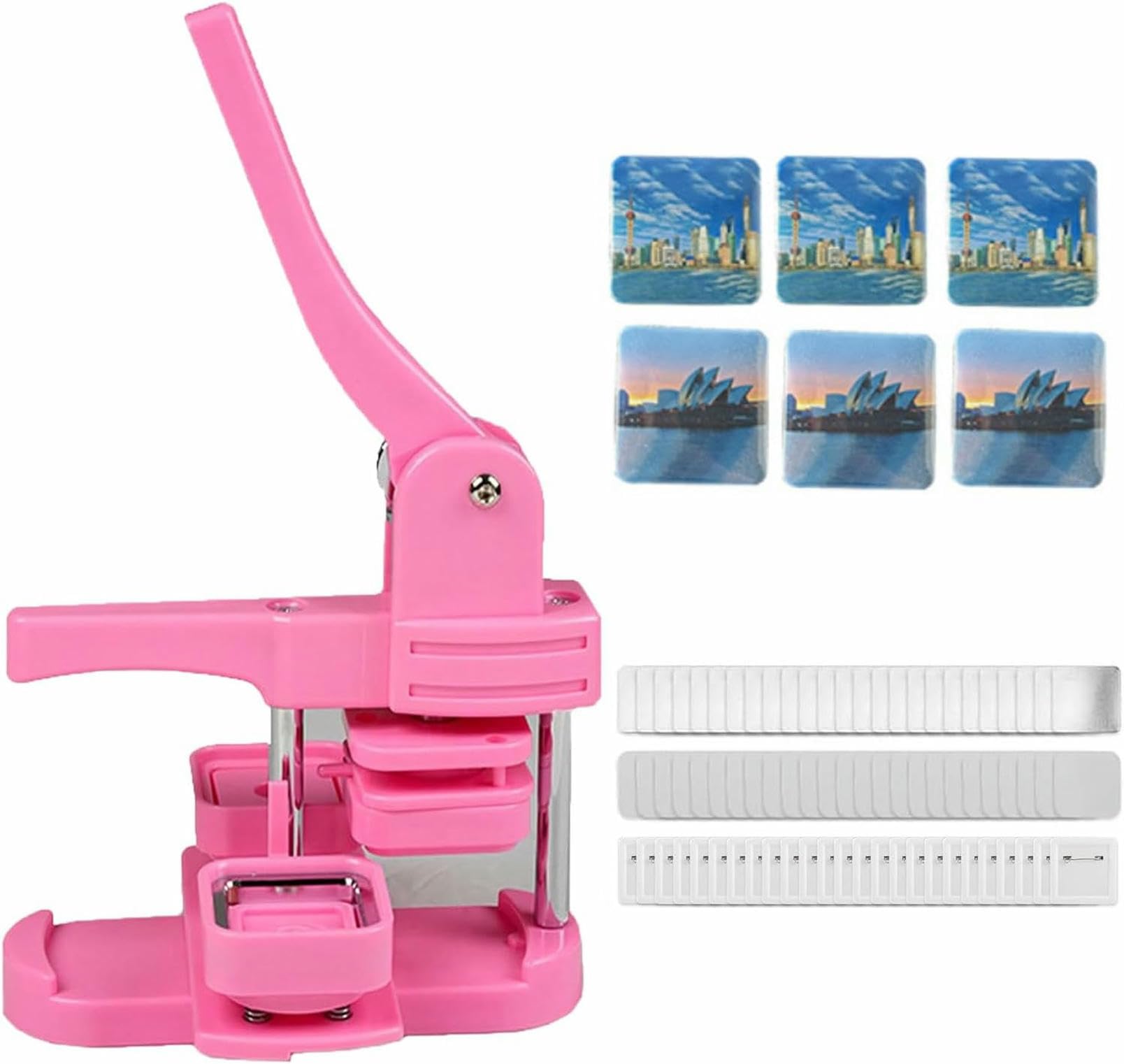 ZXGRfdefa Badge maker, 50 mm Square Fridge Photo Maker Machine Press, Ergonomic Arc Handle Punch Kit, Easy DIY Button Making(Pink,Pin Badges)