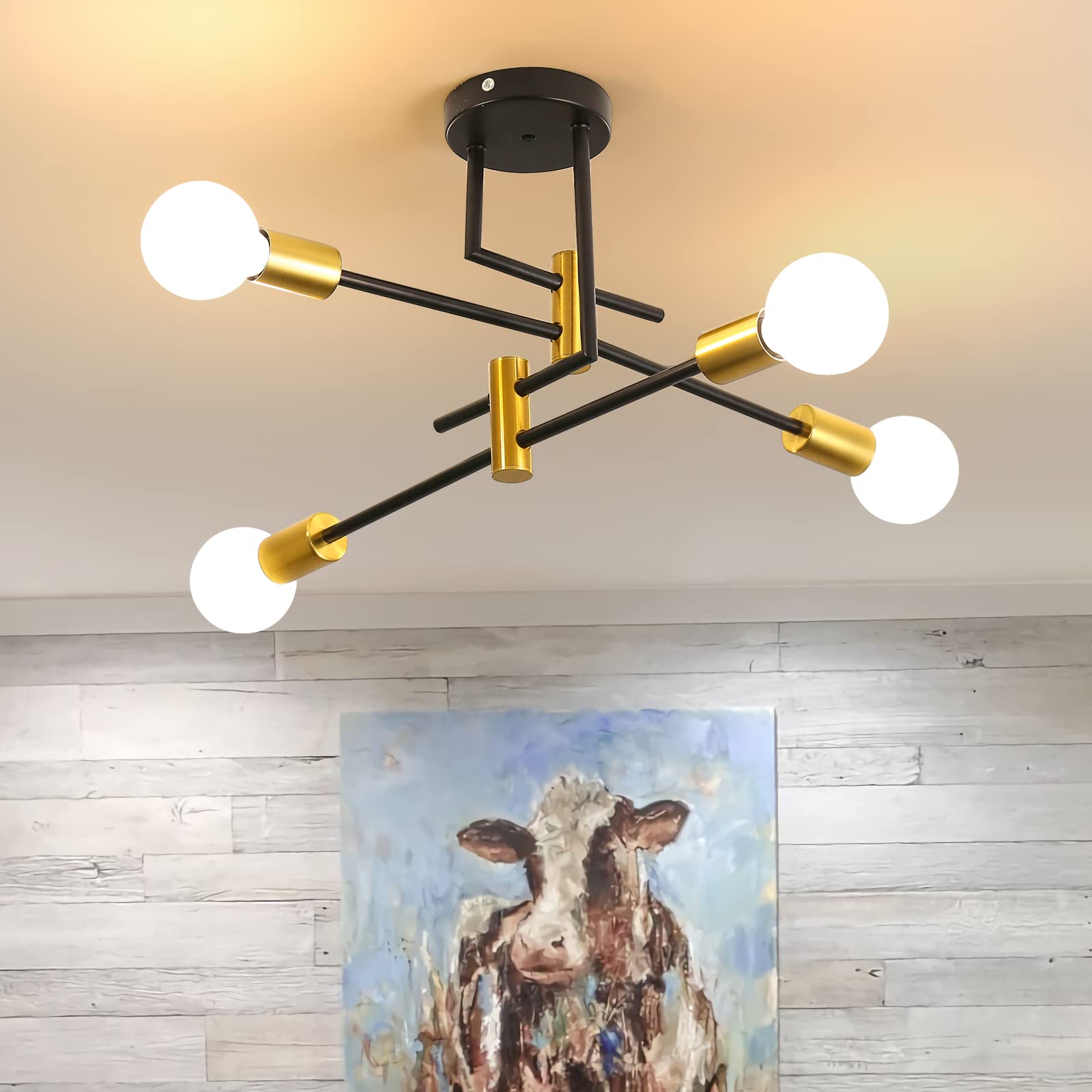 DELIPOP Sputnik Light Fixture, 4 Light Mid Century Modern Sputnik Chandelier, Black and Gold Plating Finished Ceiling Light Fixture for Bedroom, Living Room, Kitchen, Dining Room
