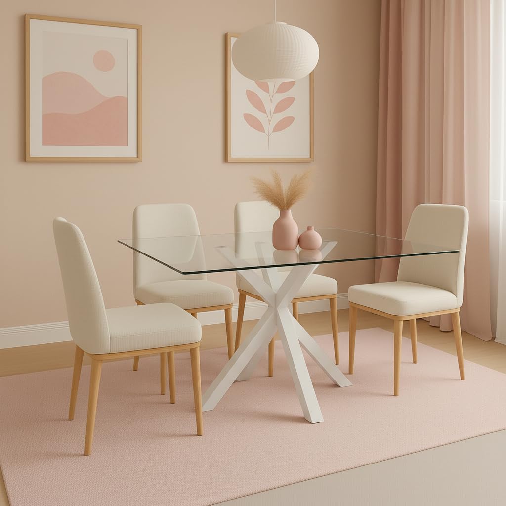 Mesa de Comedor con Tapa de Cristal Blanco y Patas Metálicas – 140x80x75 cm – Diseño Moderno y Elegante para Salón o Cocina
