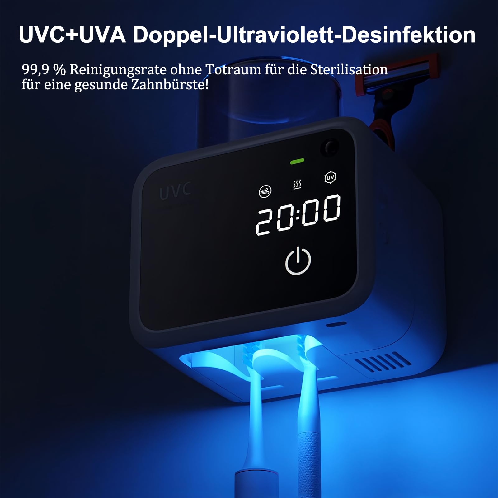 Maxspace Portaspazzolino 4000 mAh sensore portaspazzolino senza foratura, con funzione di asciugatura e timer, sterilizzatore UV con 2 fessure per spazzolino (nero)