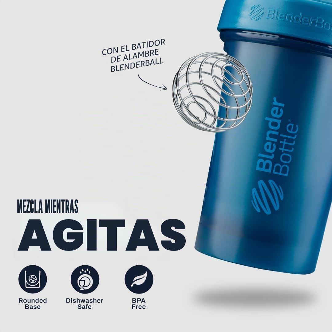 BlenderBottle Classic V2 - Botella mezcladora con bola de acero inoxidable, perfecta para batidos de proteínas, apta para lavavajillas, 600 ml, azul océano