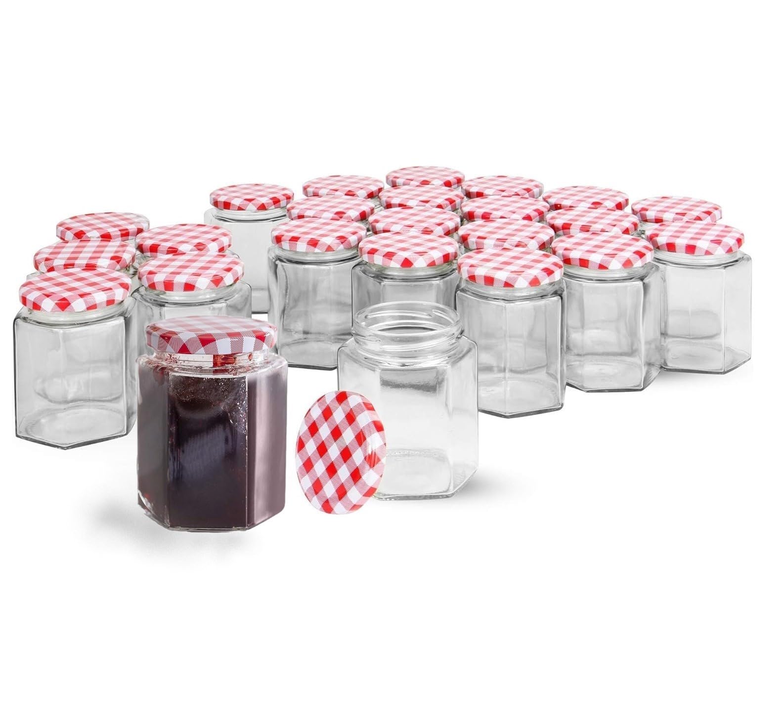 Magna Retail Clear Hexagonal Jam Jars - Set Of 24 | 250Ml Capacity | Glass Jars With Lids | Preserving Pots | Screw Top Gingham Lids | Airtight Pickling & Sauce | Wedding Favours | Sweets, Herbs & Spices