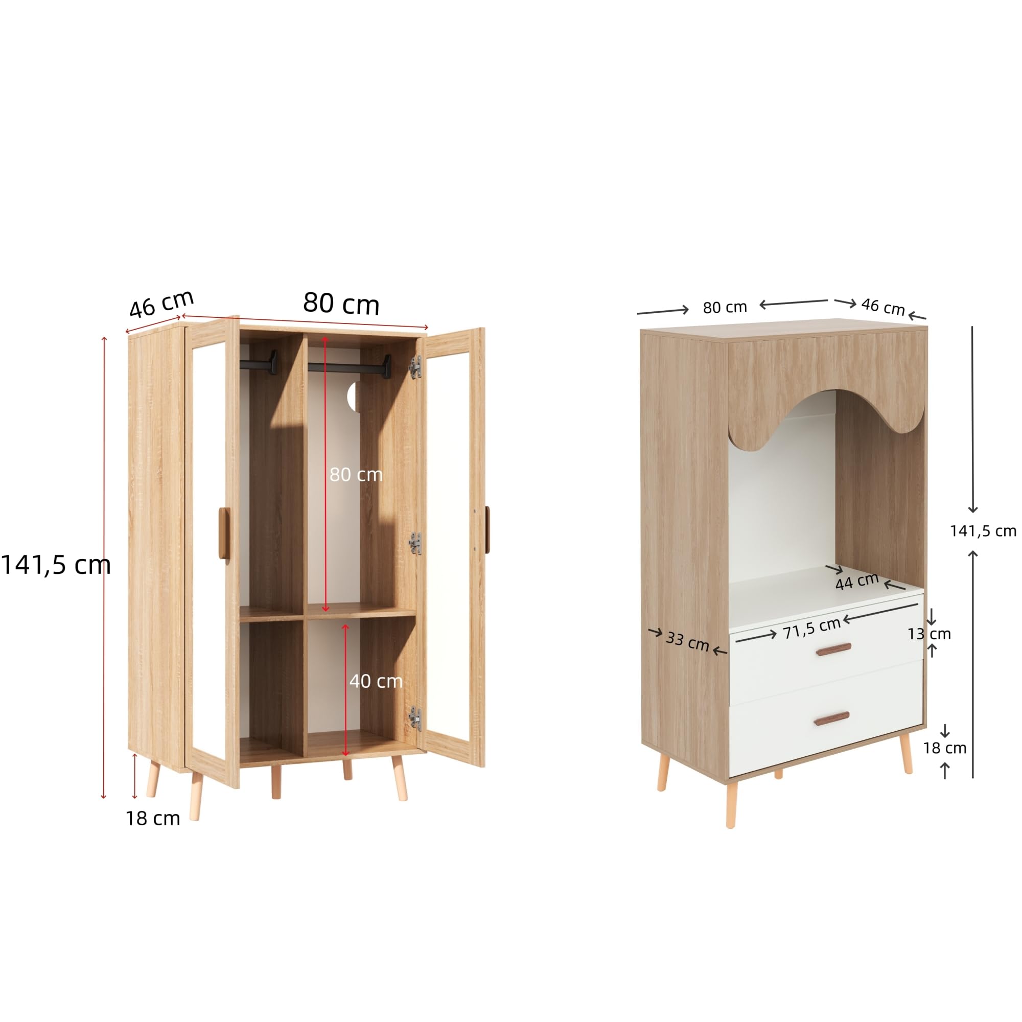Armario infantil, juego con armario de dos puertas y abierto, para dormitorio, con barra para colgar y cajones, en color blanco y madera, 160 x 46 x 141,5 cm, Natural+Blanco