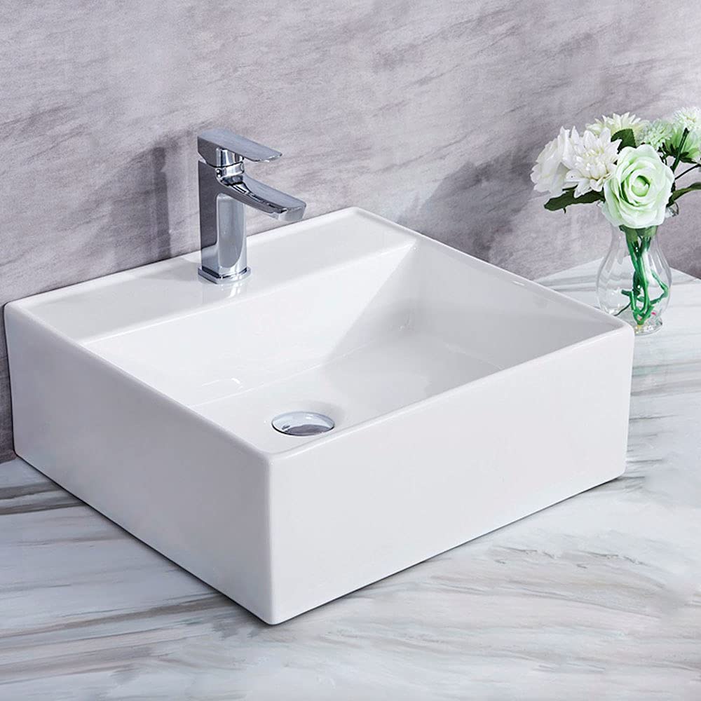 Lavabo pequeño de porcelana blanca Formentera | Pila 28x28x10 cm, sin Rebosadero, con Orificio de grifo | Diseño moderno | Lavamanos para instalar sobre Encimera o sobre mueble de baño